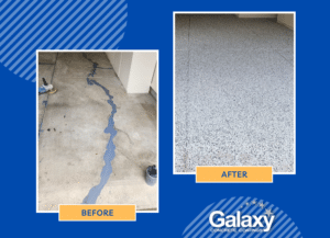 Driveway and garage concrete floor restored with Concrete Mender and concrete coating.